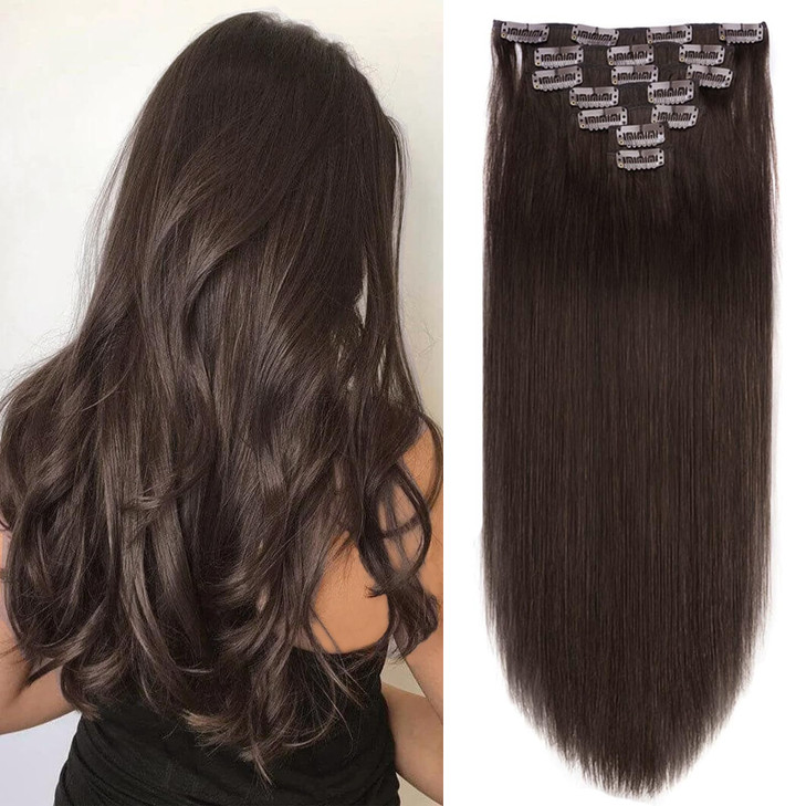 18 Clip in Human Hair Extensions Full Head 150g 7 Pieces 16 Clips 2 Dark Brown Double Weft Brazilian Real Remy Hair Exte