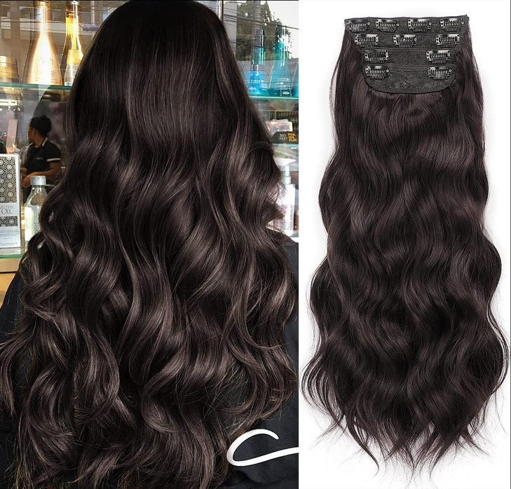 Nnzes Hair Extensions Clip in Hair Extensions 4PCS Thick Clip in Hairpieces Double Weft 20 Inch Long Wavy Synthetic Dark