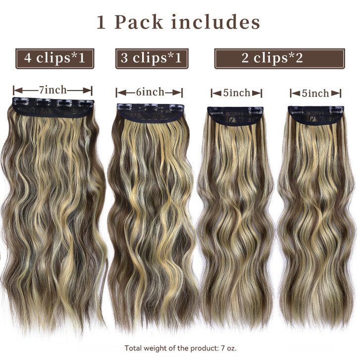 Clip in Synthetic Hair Extensions Long Wavy 4PCS Thick Hairpieces Blonde Highlighted Medium Brown Fiber Double Weft Natu