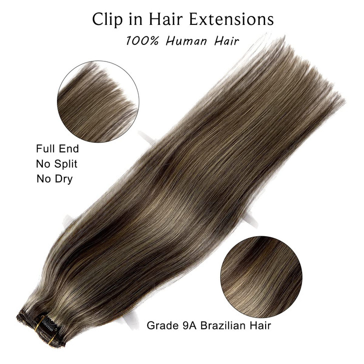 Hair Extensions Clip in Human Hair Dark Brown with Blonde Highlights Straight Human Hair Extensions Clip in Hair 7pcs Do