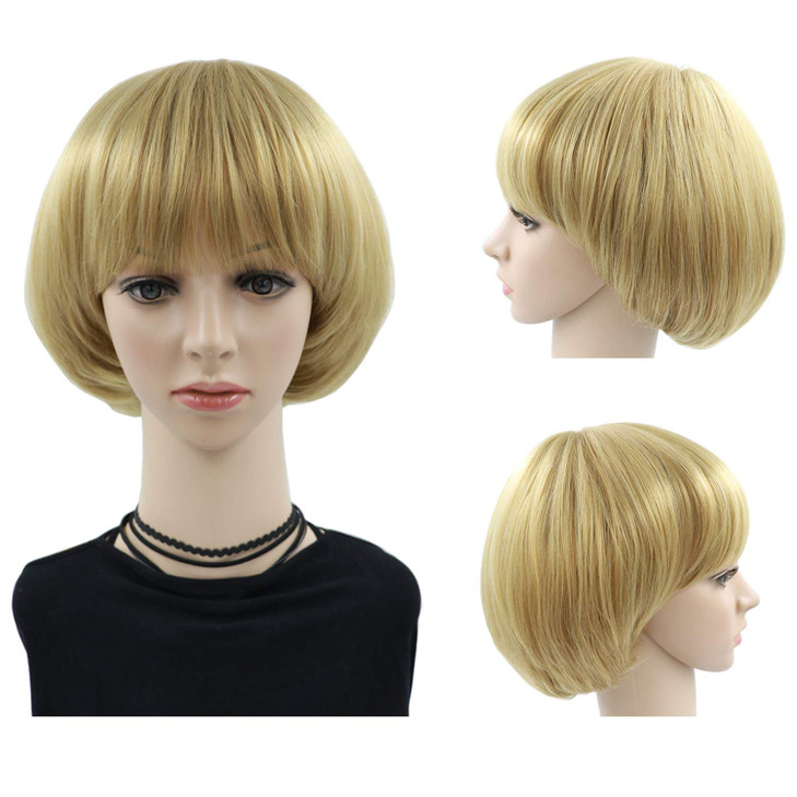 NEWPECK Girls Golden Mushroom Wig Short Bob Wig With Bangs Blonde Bowl Cut Wig Cap For Women