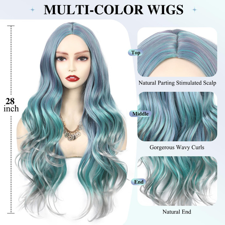 WIGER Long Wavy Rainbow Wigs Bluish Green Long Curly Hair Middle Part MultiColor Wigs Synthetic Mermaid Wig 28 Inch Heat