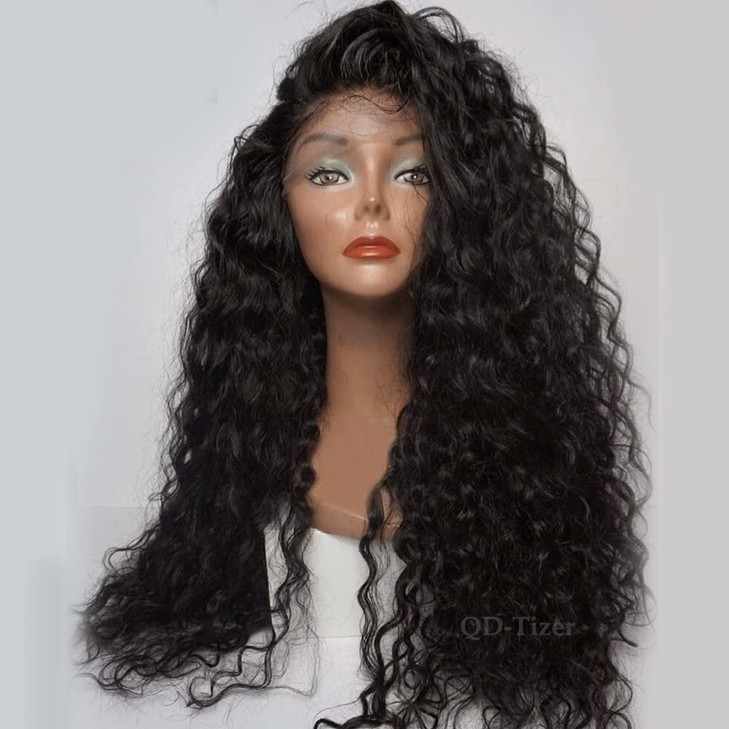 QDTizer Loose Curly Hair Wigs Synthetic Lace Front Wigs for Black Women Black Long Curly Lace Front Wigs with Baby Hair