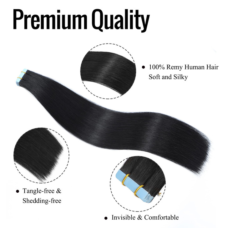 JESSBO Tape in Hair Extensions Human Hair Jet Black 100 Remy Human Hair 12 inch 20pcs 40gpack Straight Seamless Skin Wef