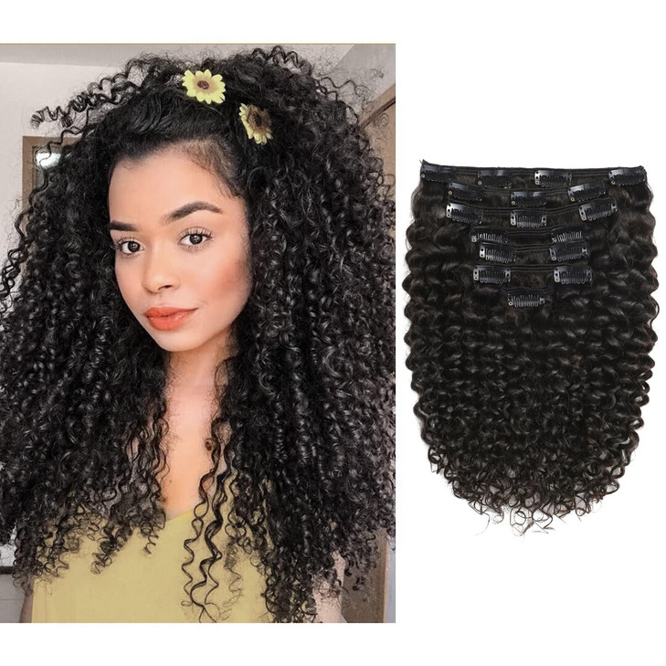 Loxxy Clip in Curly Hair Extensions 16inch Real Human Hair for Black Women Double Weft 3B and 3C Nature Black Jerry Curl