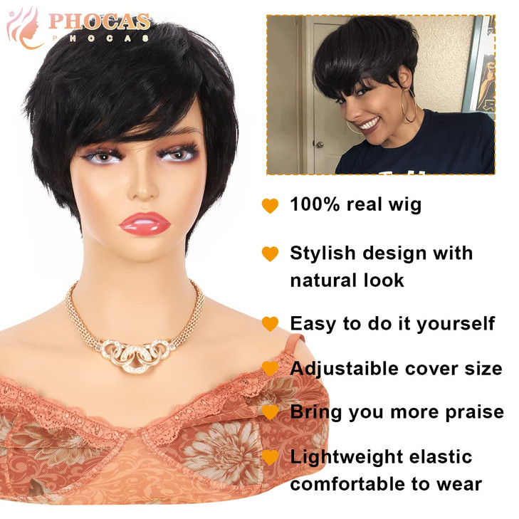PHOCAS Short Cut Wigs Human Hair Short Pixie Wigs With Bangs Pixie Cut Wig Short StraightNatural Black