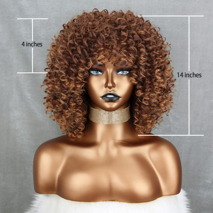 Xinran Brown Curly Afro Wig for Black WomenShort Kinky Curly Wig with BangsSynthetic Afro Full Hair Wig 14inchLight Brow