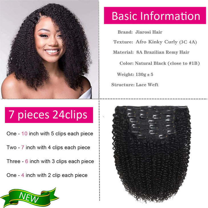 Jiarosi Kinky Curly Clip in Hair Extensions 20 inch 3C 4A Afro Curly Hair Clip ins 24 Clips Soft 8A Brazilian Remy Hair