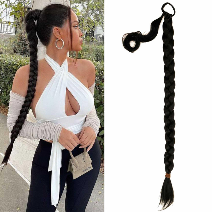 YOSILADY Long Braid Ponytail Extension with Elastic Tie Black Straight Sleek Wrap Around Braid Hair Extensions Synthetic