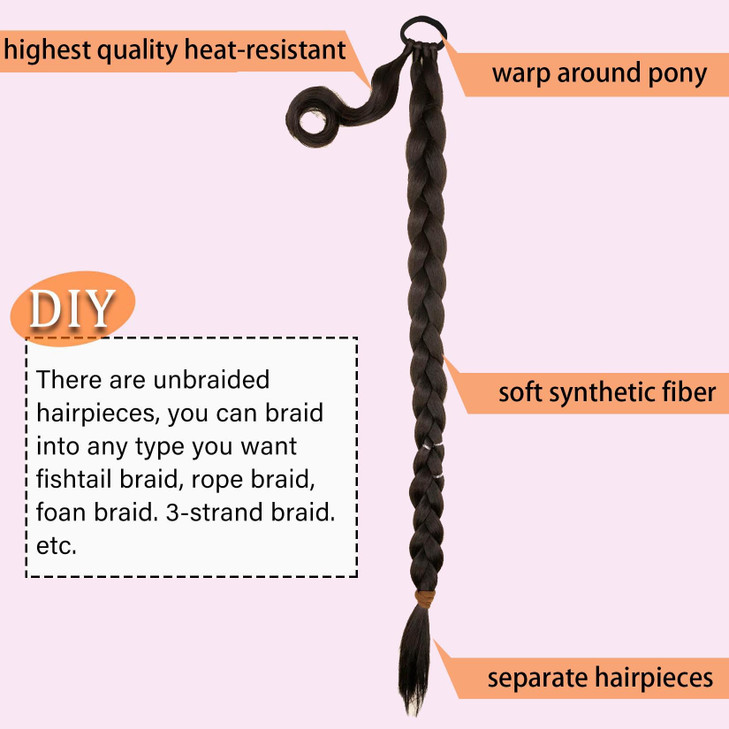 YOSILADY Long Braid Ponytail Extension with Elastic Tie Black Straight Sleek Wrap Around Braid Hair Extensions Synthetic