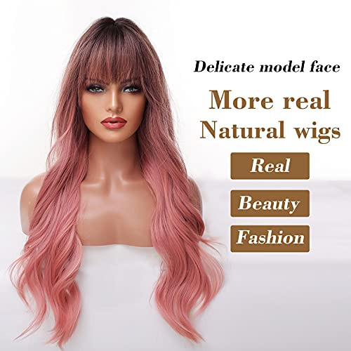 EMMOR Long Ombre Pink Wig for Women Natural Curly Hair Synthetic Wigs With Bang Dark Root Party Cosplay Daily Use 2pcs F