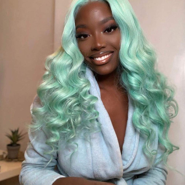 Kalisa Mint Green Lace Front Wig Long Wavy Blue Green Side Part Natural Hairline Wig Synthetic Curly Pre Plucked Wig Hea