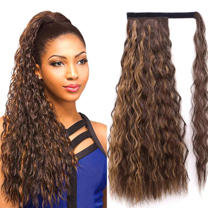 Stamped Glorious Long Corn Wave Ponytail Extension Magic Paste Heat Resistant Wavy Synthetic Wrap Around Ponytail Black