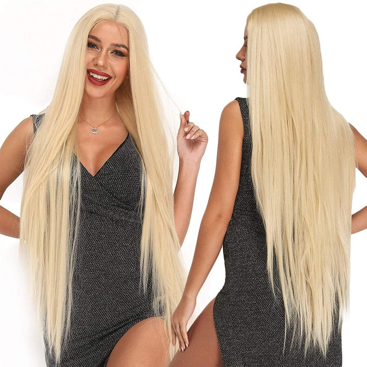 Ebingoo 40 inch Long Blonde Lace Front Wig Wig Cap Platinum Blonde Lace Front Wig Long Blonde Straight Wig Synthetic Blo