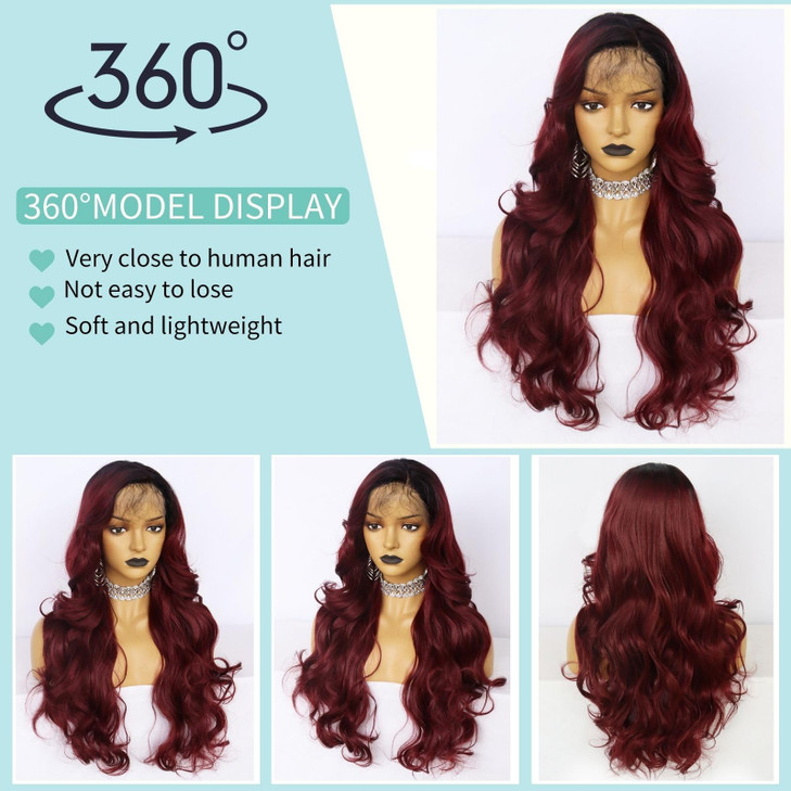 Ebingoo Wig Cap 26 Inch Burgundy Lace Front Wigs with Dark Roots Wine Red Lace Front Wig With Baby Hair Ombre Red Lace F