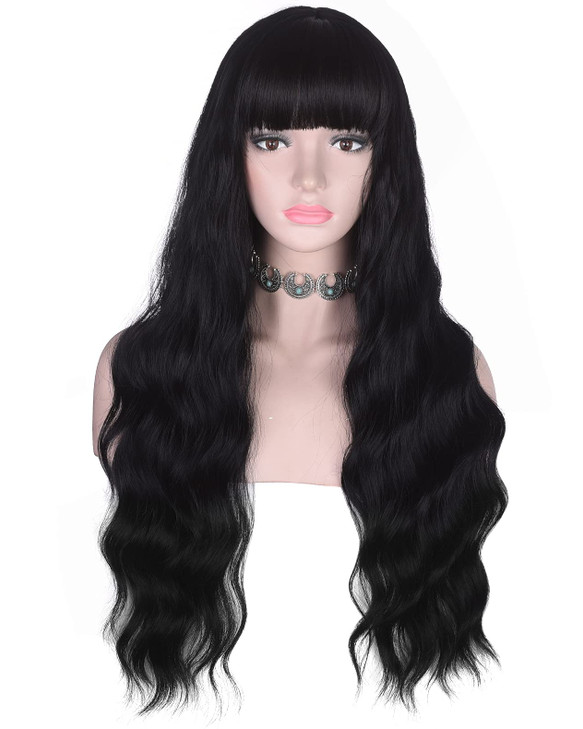 AMZCOS Long Wavy Black Wig with Bangs for Women Heat Resistant Synthetic Hair Wigs for Daily UseBlack