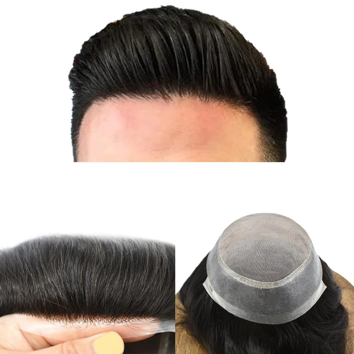 Toupee for Men Hair System Replacement Natural Black Mens Human Hair Piece Fine Mono Mens Toupee Clear Poly Skin Hairpie