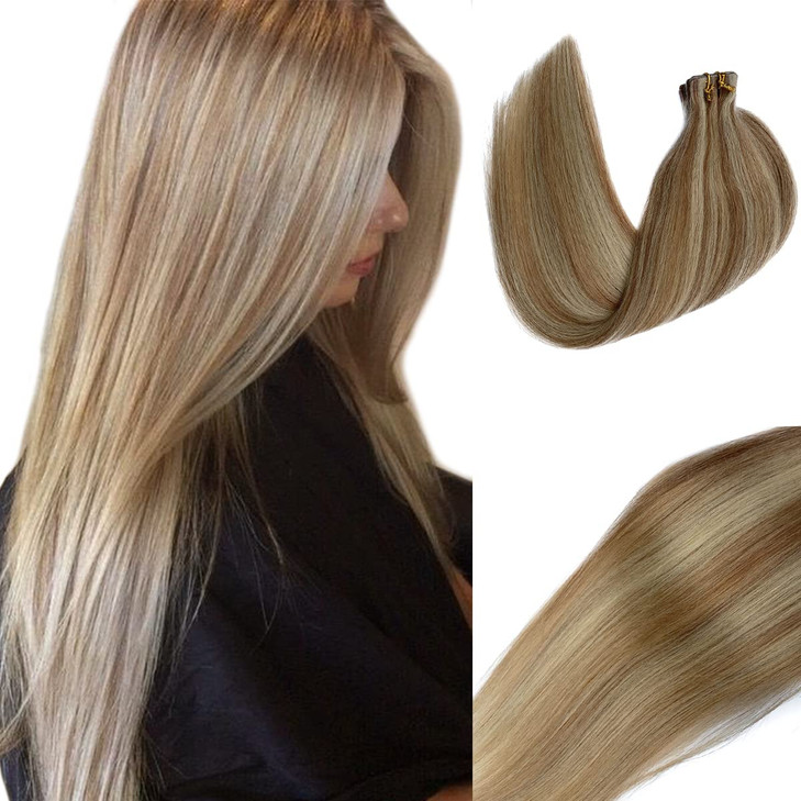 Tape in Hair Extensions Human Hair 22 Inch Golden Brown Balayage Blonde Human Hair Tape in Extensions 20 PCS 60G Silky S