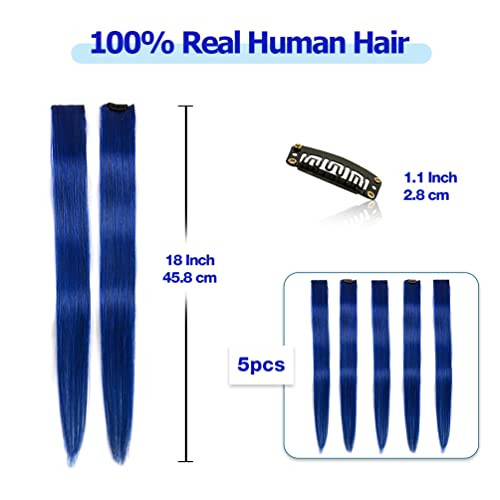 Winsky Blue Clip in Hair Extensions 100 Real Human Hair Straight Highlights Colored Clip on Christmas Hairpieces 5 Piece