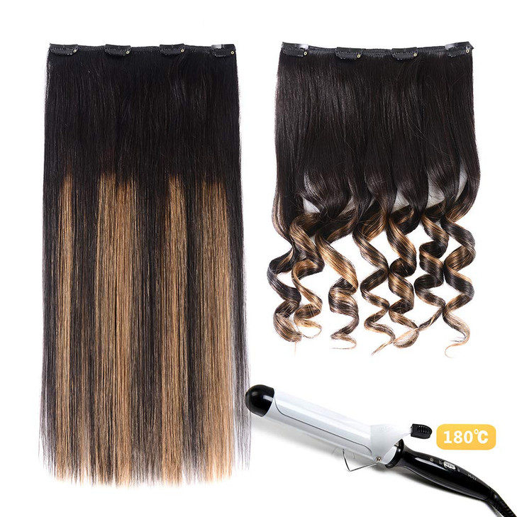 5 Pieces 20 Remy Clip in Hair Extensions Human Hair Natural Black to Chestnut Brown Highlight Ombre Silky Straight Short