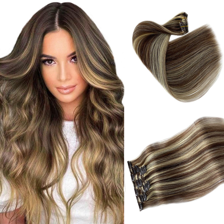 15inch Clip in Hair Extensions Brown with Blonde Highlighted Remy Silky Straight Human Hair Extensions Blonde Balayage 7