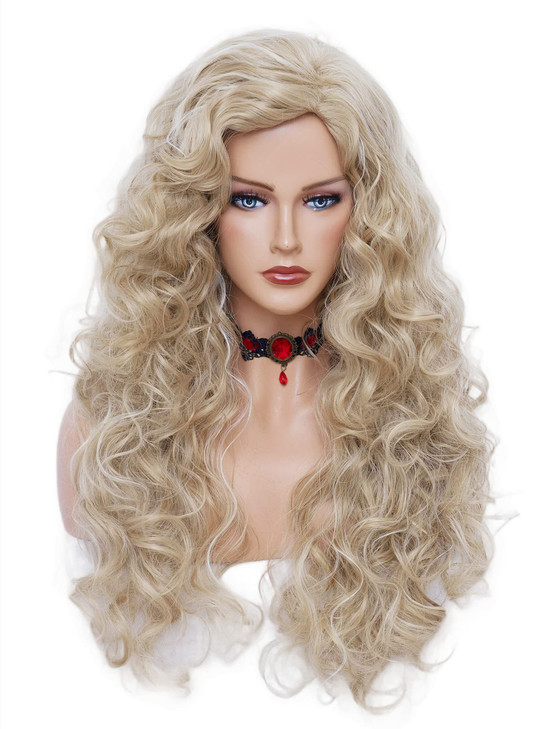 Rugelyss Long Wavy Wigs 28 Inches Natural Beige Mixed Blonde Synthetic Kinky Curly Hair Wig for Womenbeige mixed blonde