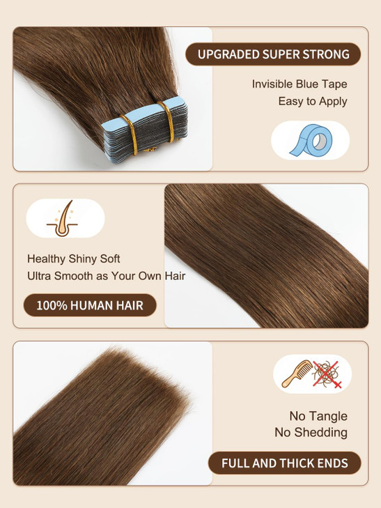 YILITE Tape in Hair Extensions Human Hair 16 inches 20pcs 40g Silky Straight Remy Tape in Hair Extensions 6 Chestnut Bro