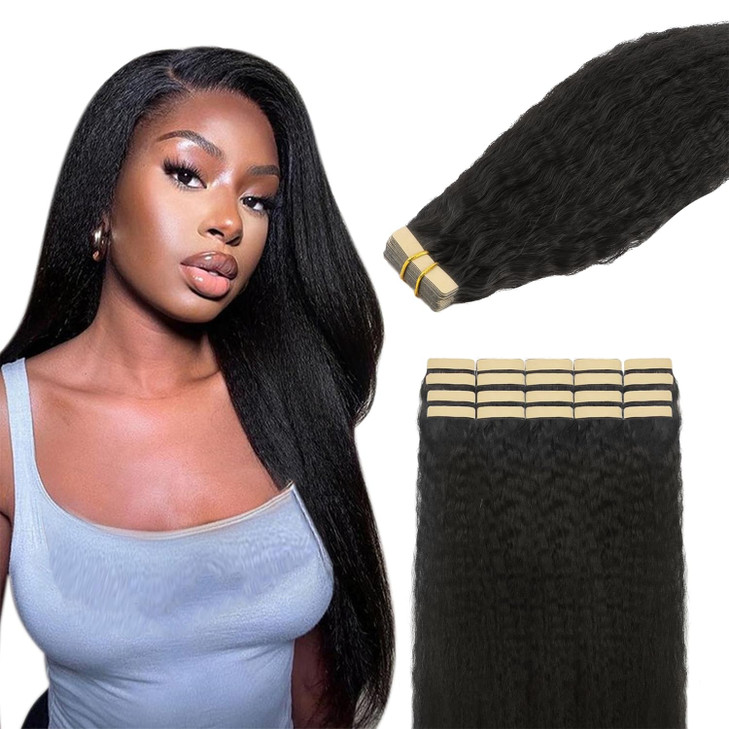 Lashey Tape in Hair Extensions Human Hair for Black Women Kinky Straight Tape in Hair Extensions Natural Black 14 Inch 5