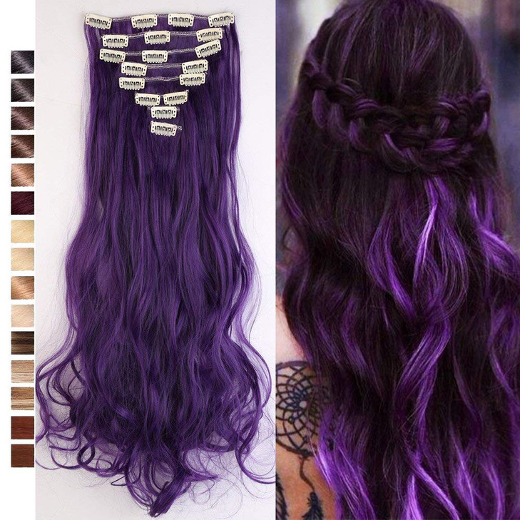 Snoilite 24 Inches Long Curly Full Head Clip in Synthetic Hair Extensions 8pcs 170g 24Curly Black Purple