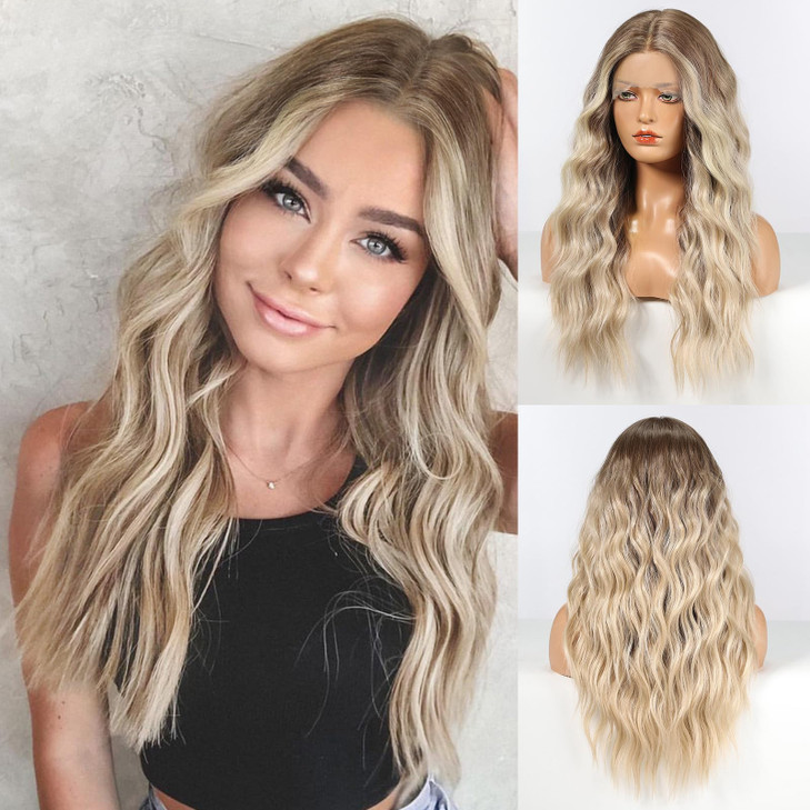 EMMOR Long Ombre Blonde Lace Front Wig for Women25 Inch Natural Wavy Daily Hair Synthetic Lace Wigs Middle PartHand Tied