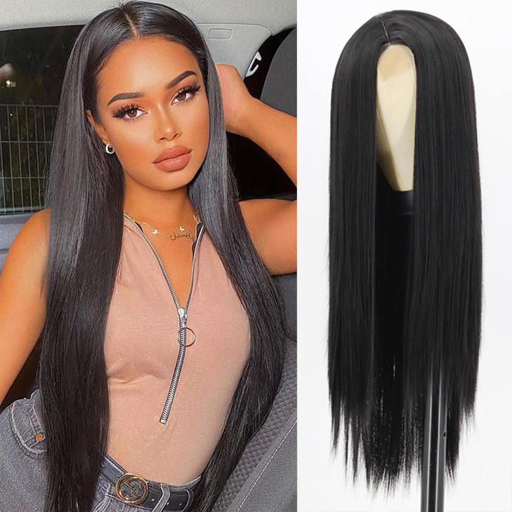 Xinran Long Straight Black Wigs for Women Synthetic Black Straight Wig Looking Natural Black Long Hair Wigs 30 inchBlack