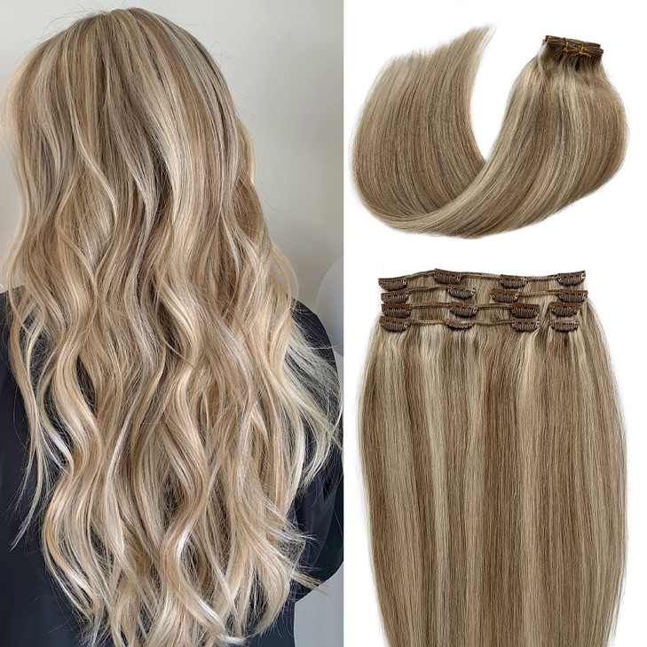 Clip in Hair Extensions Brown Mix Blonde Real Hair Clip in Extensions 15 Inch Natural Straight Platinum Blonde Highlight