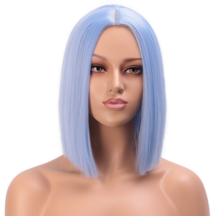 ENTRANCED STYLES Light Blue Wig Synthetic Straight Hair Bob Cut Wig Middle Part Shoulder Length Fashion Bob Wigs for Wom