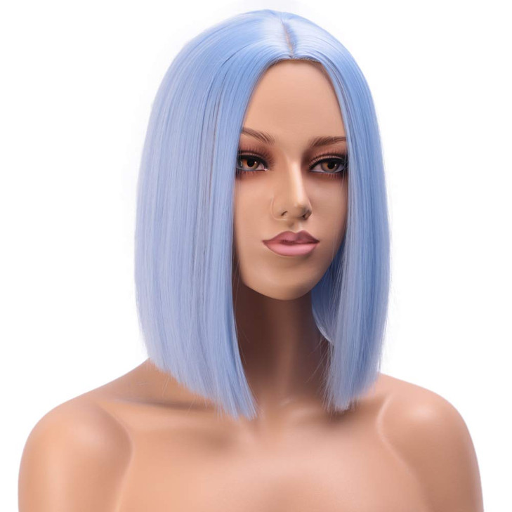 ENTRANCED STYLES Light Blue Wig Synthetic Straight Hair Bob Cut Wig Middle Part Shoulder Length Fashion Bob Wigs for Wom