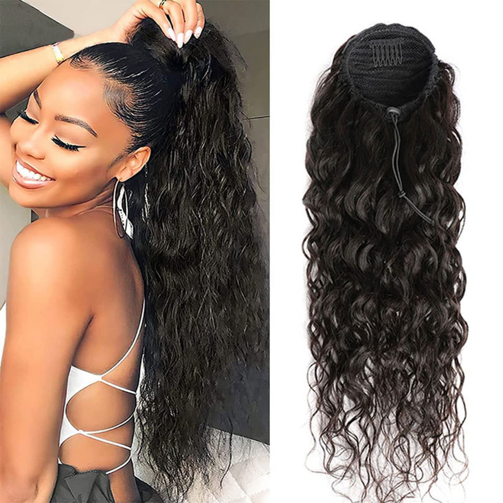 Drawstring Ponytail Extension Human Hair Water Wave Afro Ponytail Natural Black Color Brazilian Virgin Human Hair Ponyta