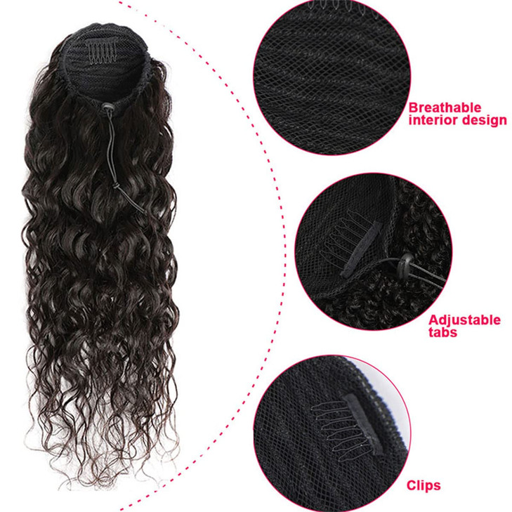 Drawstring Ponytail Extension Human Hair Water Wave Afro Ponytail Natural Black Color Brazilian Virgin Human Hair Ponyta