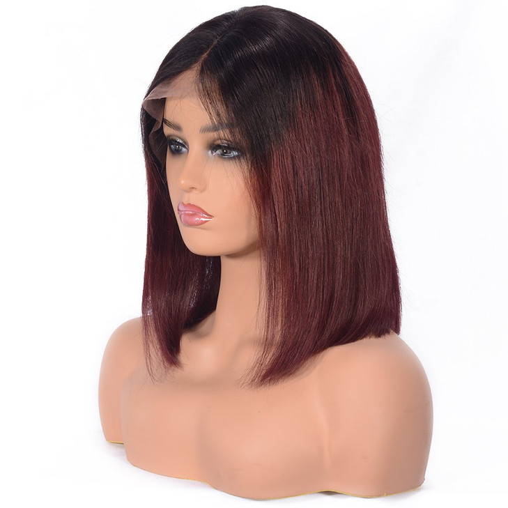Choshim Hair Ombre 99J Color Short Bob Lace Front Wig Virgin Remy Human Hair Two Tone Burgundy Color 150 Density Middle