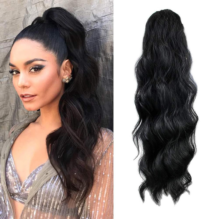 KETHBE 24 Inch Long Body Wave Ponytail hair Extension Synthetic Heat Resistant Wrap Around Drawstring Curly Wavy Ponytai
