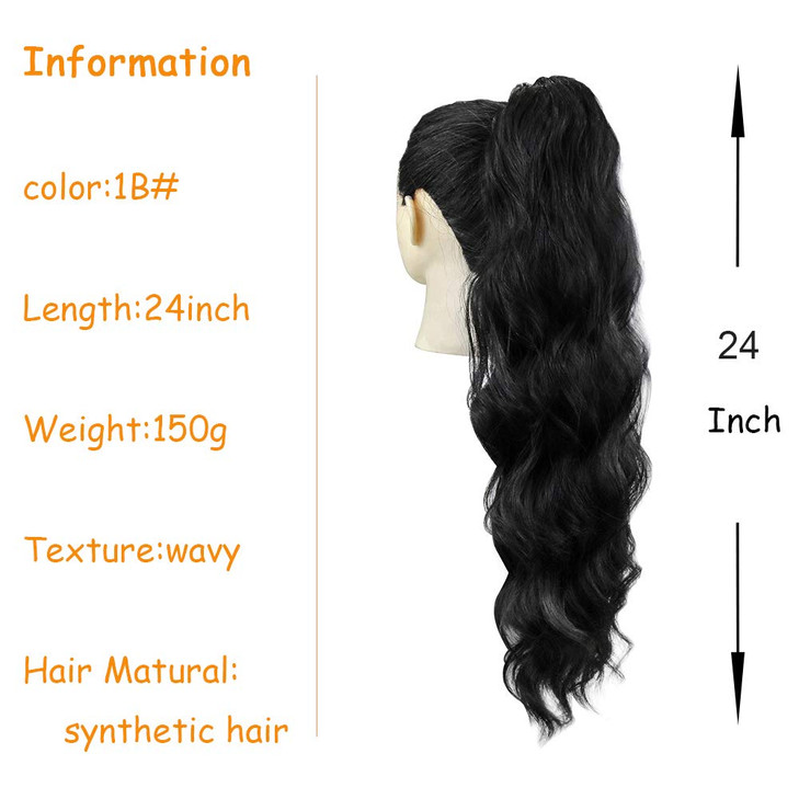 KETHBE 24 Inch Long Body Wave Ponytail hair Extension Synthetic Heat Resistant Wrap Around Drawstring Curly Wavy Ponytai