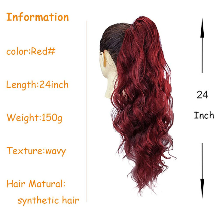 KETHBE 24 Inch Long Body Wave Ponytail hair Extension Synthetic Heat Resistant Wrap Around Drawstring Curly Wavy Ponytai