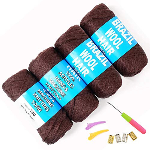 100 Brazilian Wool Hair Acrylic Yarn for African BraidsSenegalese TwistFaux LocsWraps and Crochet Hook4 RollCoffee Brown