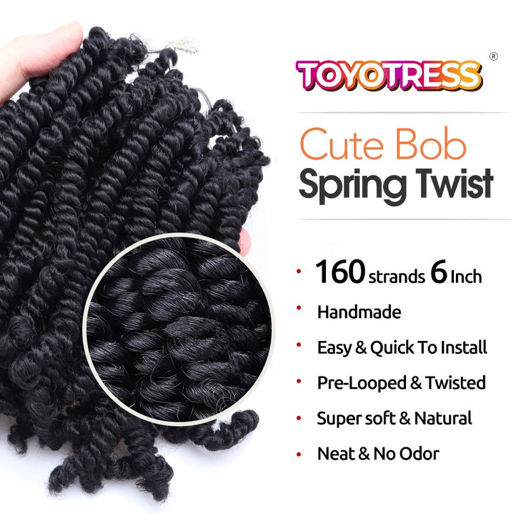 TOYOTRESS Bob Spring Twist Hair 6 inch 8 packs Pretwisted kids Crochet Hair Spring Twists Crochet Braids Synthetic Braid