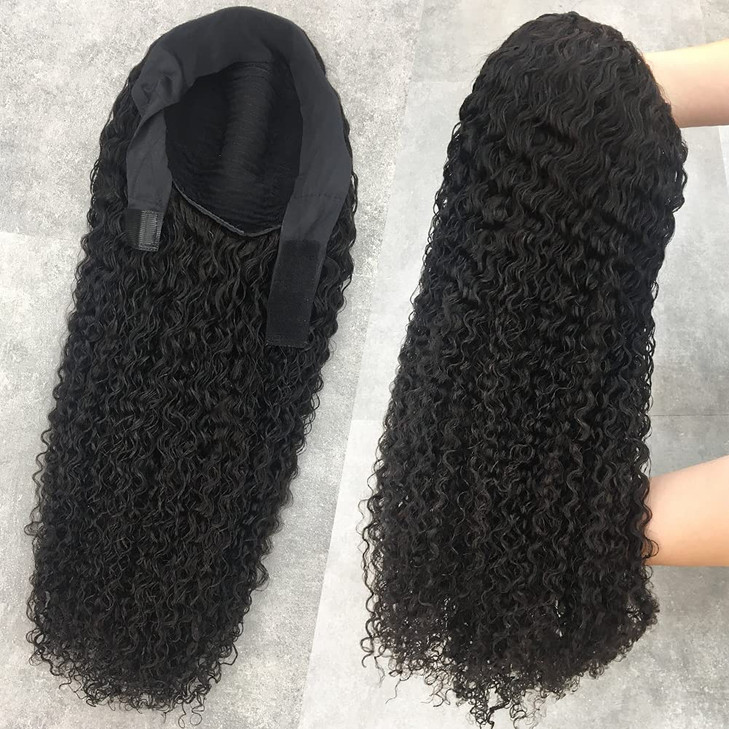 Eooma Curly Headband Wig Human Hair Wigs for Black Women 26 inch Briazilian Scarf Wig No Gel Glueless Remy Curly None La