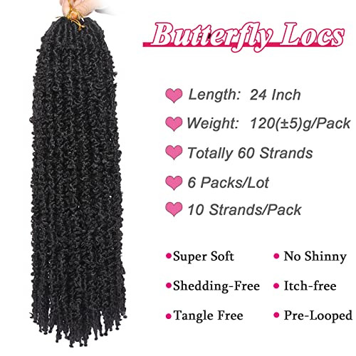 Leeven 24 Inch Butterfly Locs Crochet Hair 6 Packs Distressed Faux Locs Crcoeht Hair 1B Pretwsied Synthetic Fluffy Godde