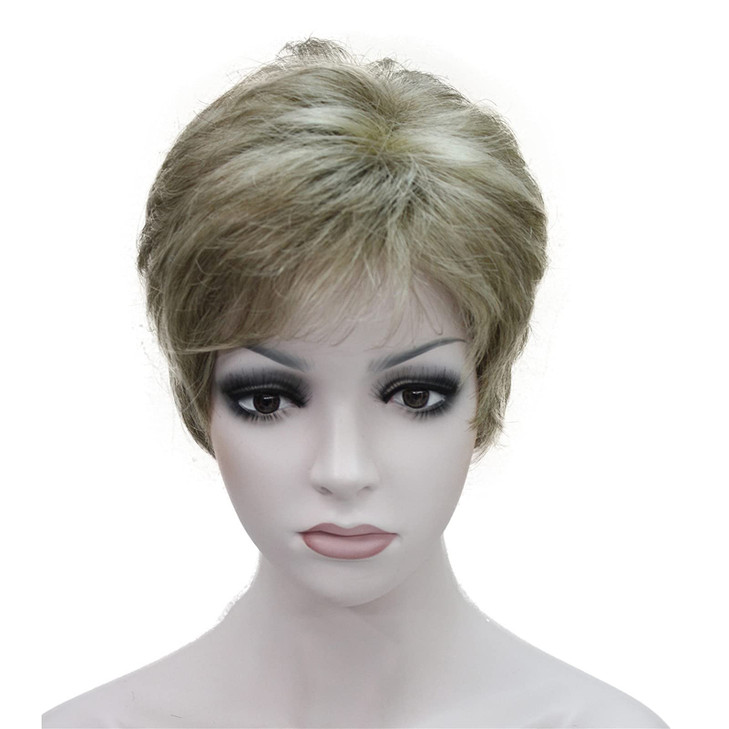 Wigsinway Short Synthetic Wigs Blonde with Highlights Fluffy Straight Full Bang Capless Heat Resistant Fiber Wigs for Wo