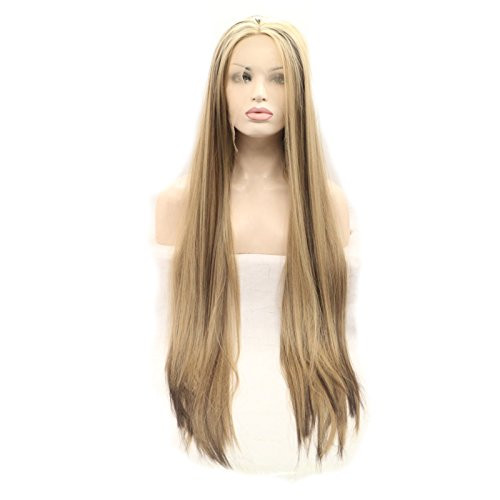 Sylvia 24 Natural Blonde Omber Brown Highlight Silky Straight Synthetic Lace Front Wigs Middle Parting 180 Density Heat