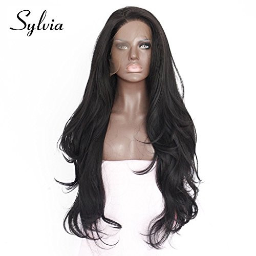 Sylvia 24 1b Long Black Wig Natural Wave Synthetic Lace Front Wigs 180 Density Black Half Hand Tied Heat Resistant Fiber