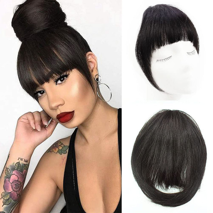 Clip in Bangs Real Human Hair Flat Bangs Remy Fringe Hair Extensions Thick Full Tied Bangs with Temples Clip on Hair Pie