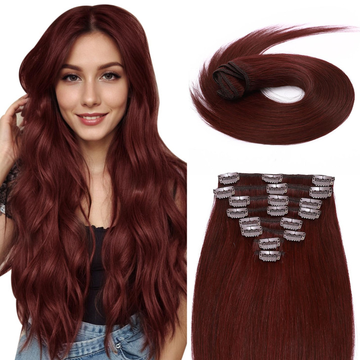 MYLADY Clip In Hair Extensions Real Human Hair 16 Inch 8pcs Remy Real Hair Extension Clip ins 99J Burgundy Wine Red 90g