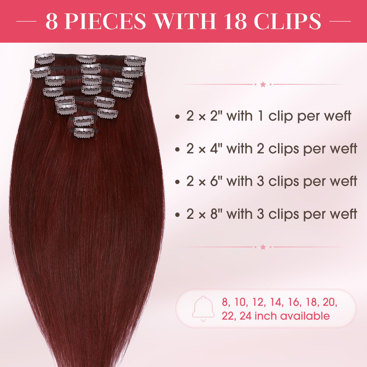 MYLADY Clip In Hair Extensions Real Human Hair 16 Inch 8pcs Remy Real Hair Extension Clip ins 99J Burgundy Wine Red 90g